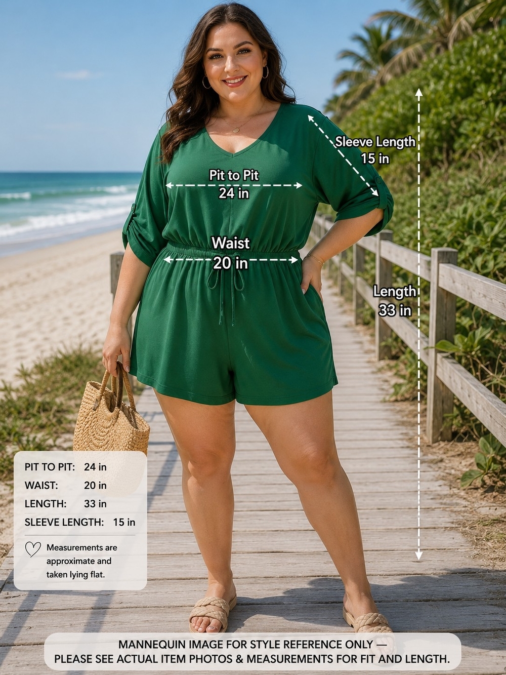 Venus Plus Size 1X Green V-Neck Romper with Ruched Sleeves & Drawstring Waist